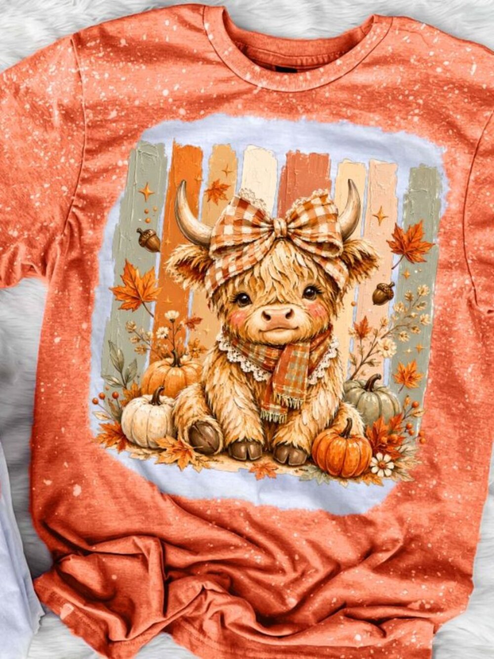 Highland Cow Pumpkin T-Shirt Bleached Orange Fall Autumn Graphic Unisex Tee